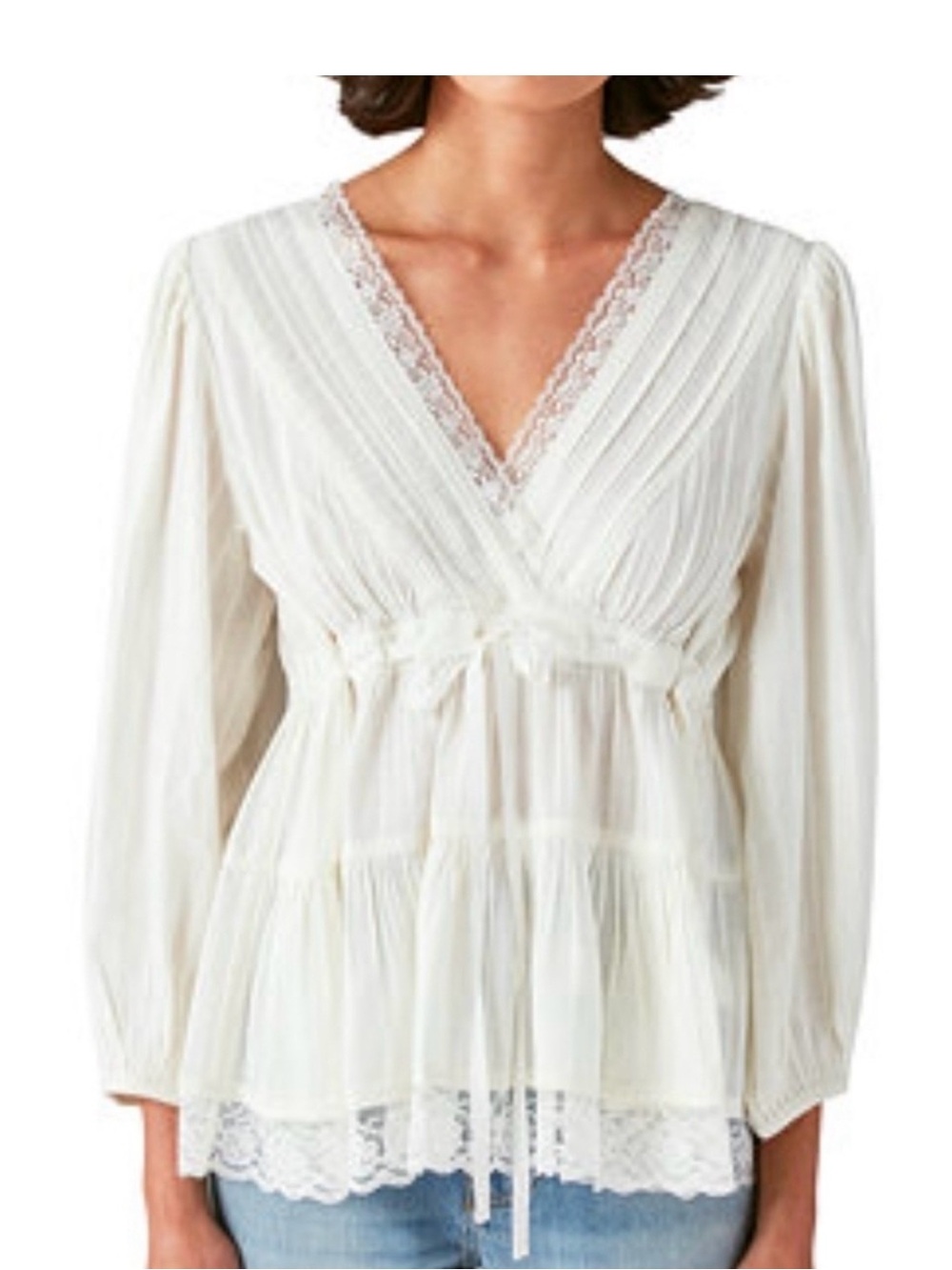 Lucky Brand Cream Lace-Trim V-Neck Peasant Blouse sz M